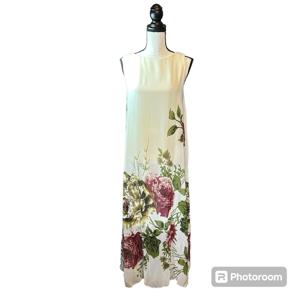 CASUAL Loose Chiffon Sheer Floral Round Neck Summer Sleeveless Maxi Dress Size S